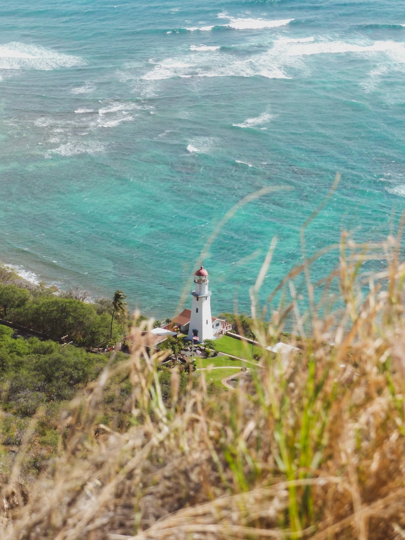 a white lighthouse sitting on top of a lush green hillside